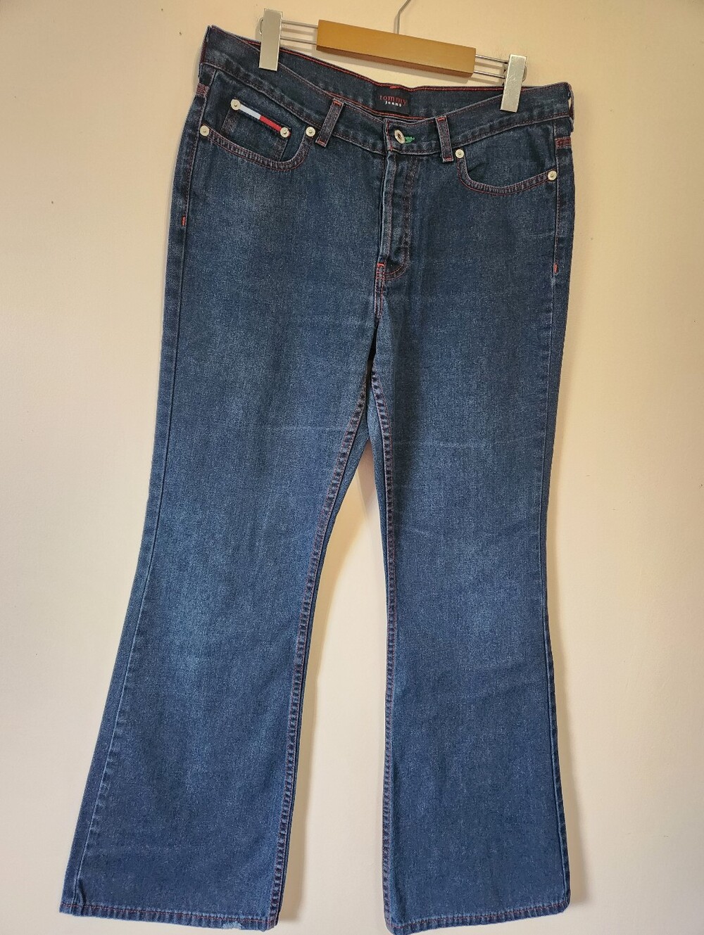 Vintage Y2K Tommy Jeans Dark Wash Flare Denim Red Stitch Button Fly Size 31